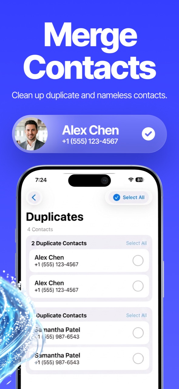 Ultra Cleaner grouping duplicate contacts like Alex Chen for one-tap merging