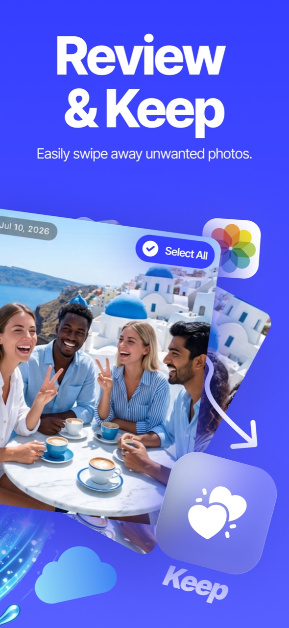 Swipe review in Ultra Cleaner — swipe left to delete photos, right to keep them